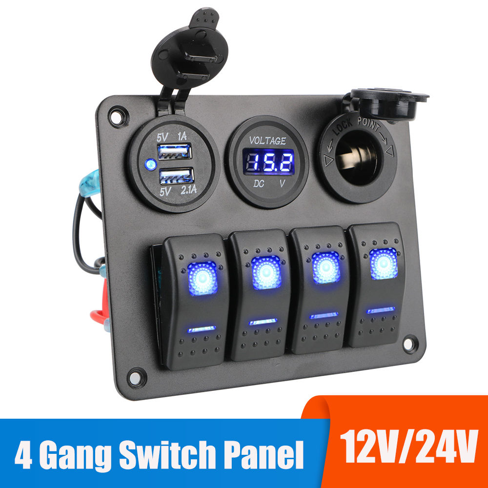 4 Buttons Rocker Switch Panel Voltmeter USB Chargers 3.0 Light Toggle 12V 24V Ac