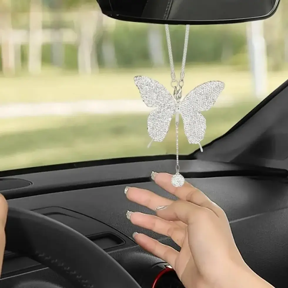 Thumbnail: Sparkling Butterfly Pendant Car Rear View Mirror Charm Elegant Faux Crystal Pend