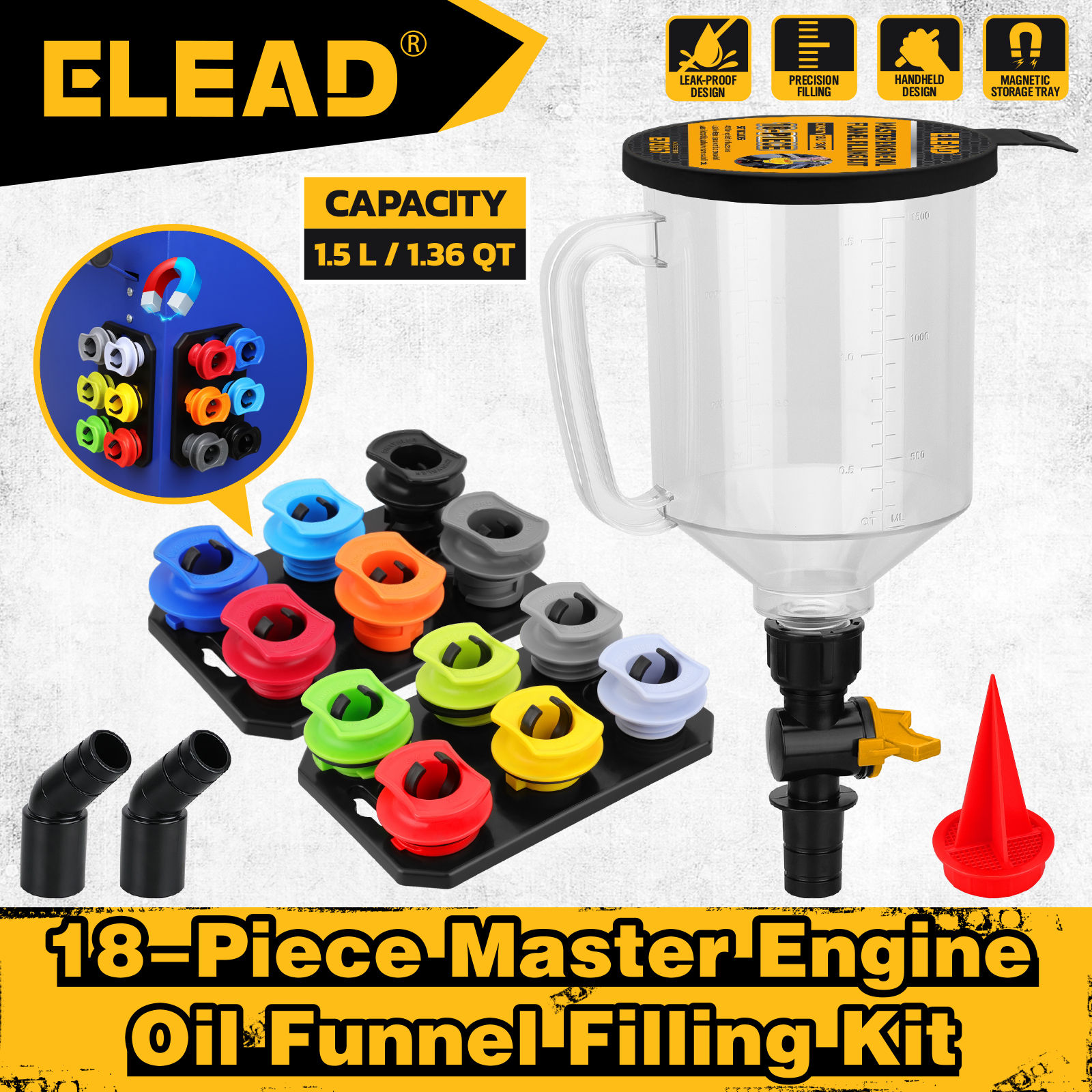 ELEAD 18Pcs Engine Oil Funnel Filling Kit, 1.36qt/1.5L Coolant Funnel Set, Funne