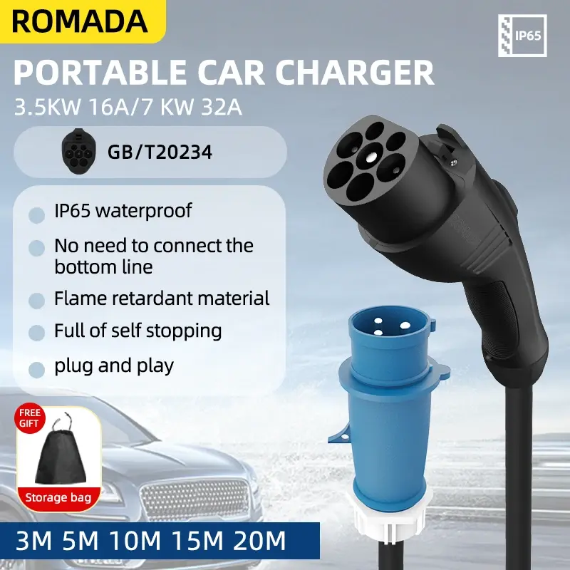 Electric Vehicle 7KW 32A EV Portable Charger 3M 5M 10M 15M 20M Cable GB/T20234 E