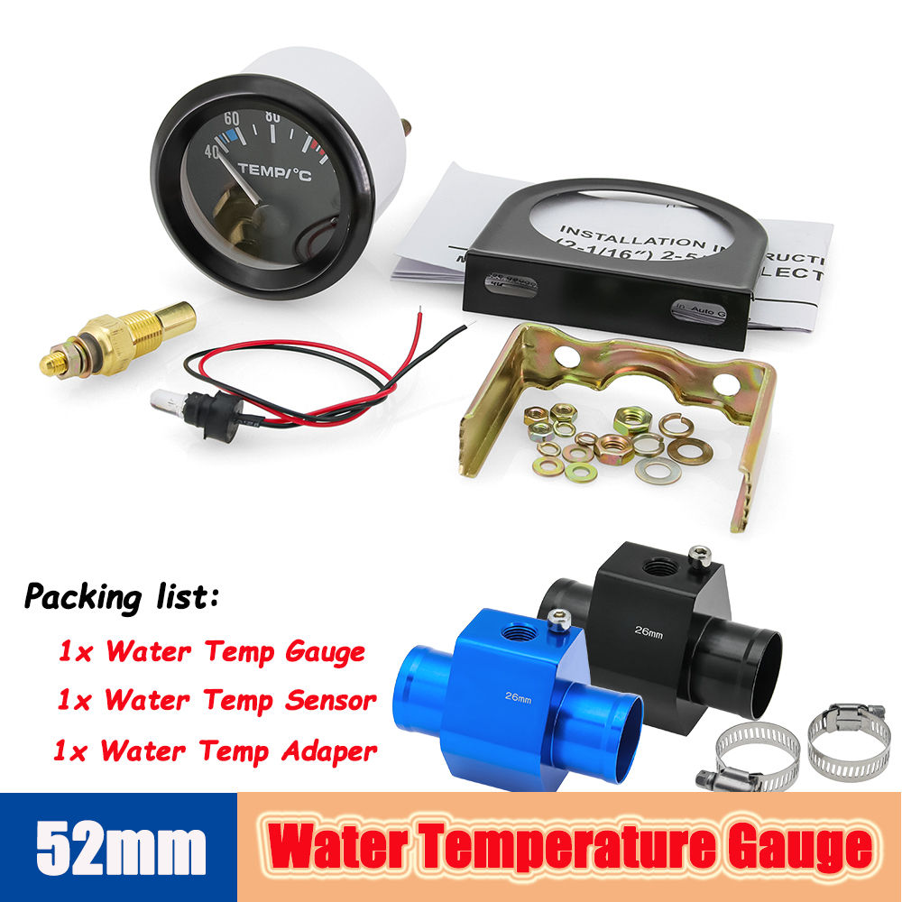 40-120 Celsius Car 52mm Water Temperature Gauge with Adaptor Joint Pipe Radiator