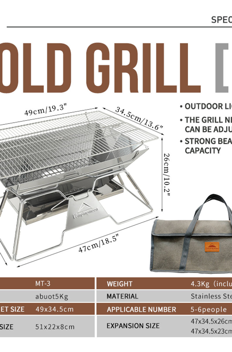 CAMPINGMOON MT-3 Large Folding Portable Stainless Steel Barbecue Grill BBQ Oven,
