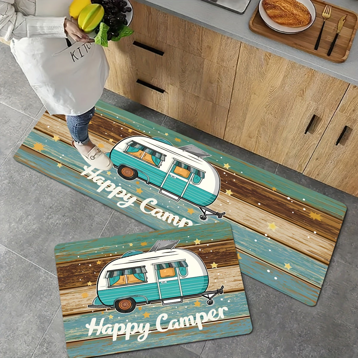 Camping Car Pattern Mat - Colorful Wood Grain with White Letters, Non-Slip Outdo