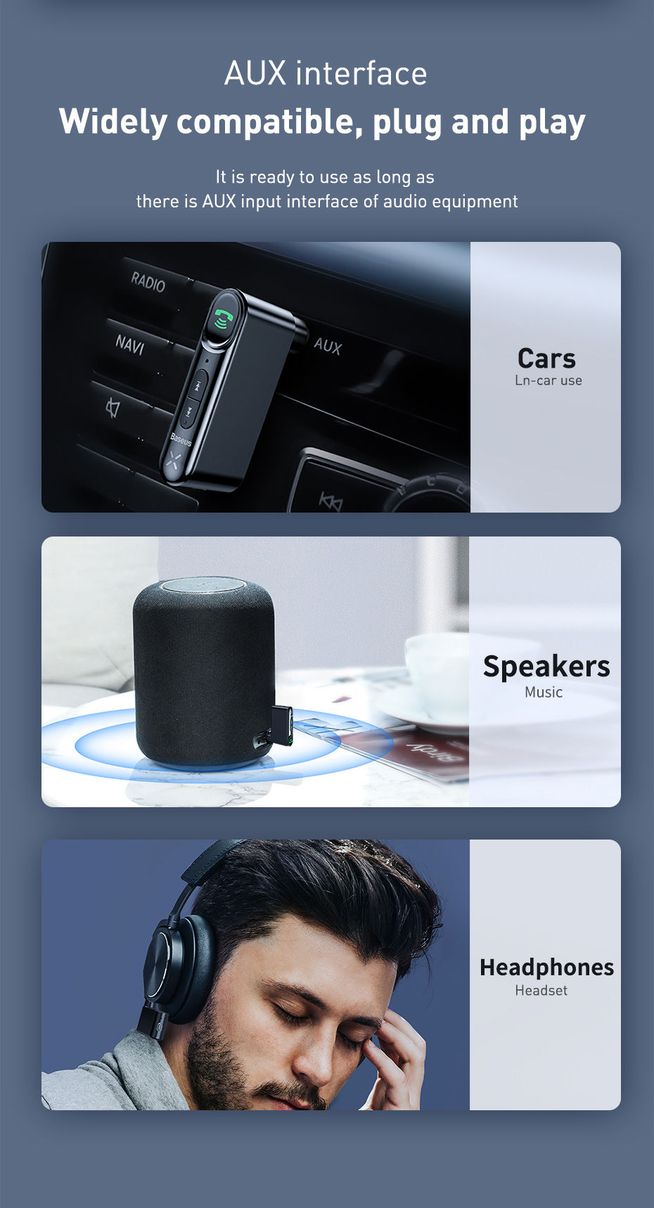 Thumbnail: Baseus Car Aux Bluetooth Adapter 3.5mm Jack Audio Bluetooth 5.0 Car Kit Wireless