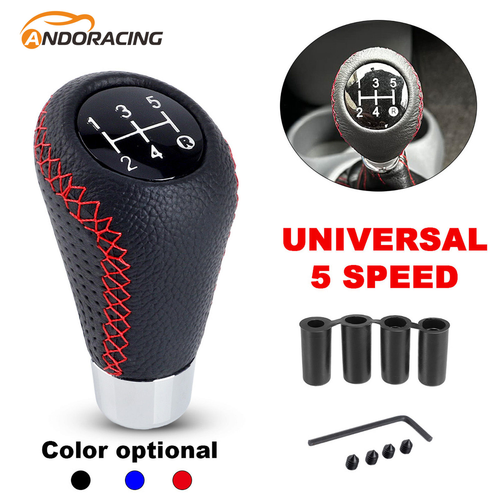 5 Speed Gear Shift Knob Universal Manual Leather Red Stitch Car Gear Stick Shift