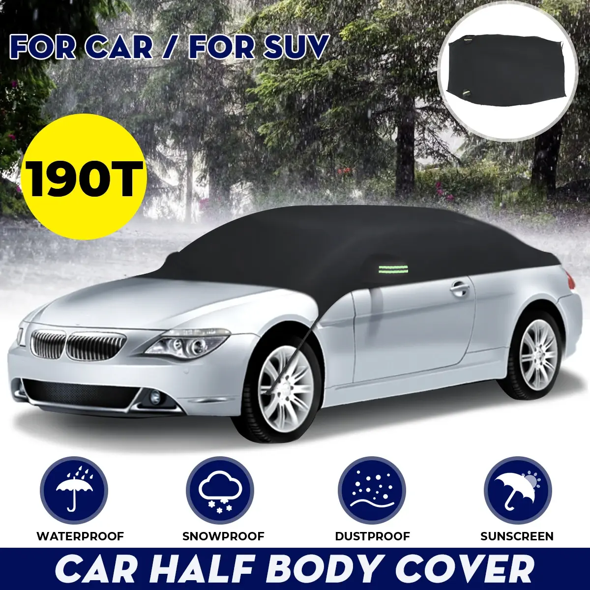 190T Waterproof Car Half Body Cover Sun Shade Sunscreen UV Snow Resistant Automo