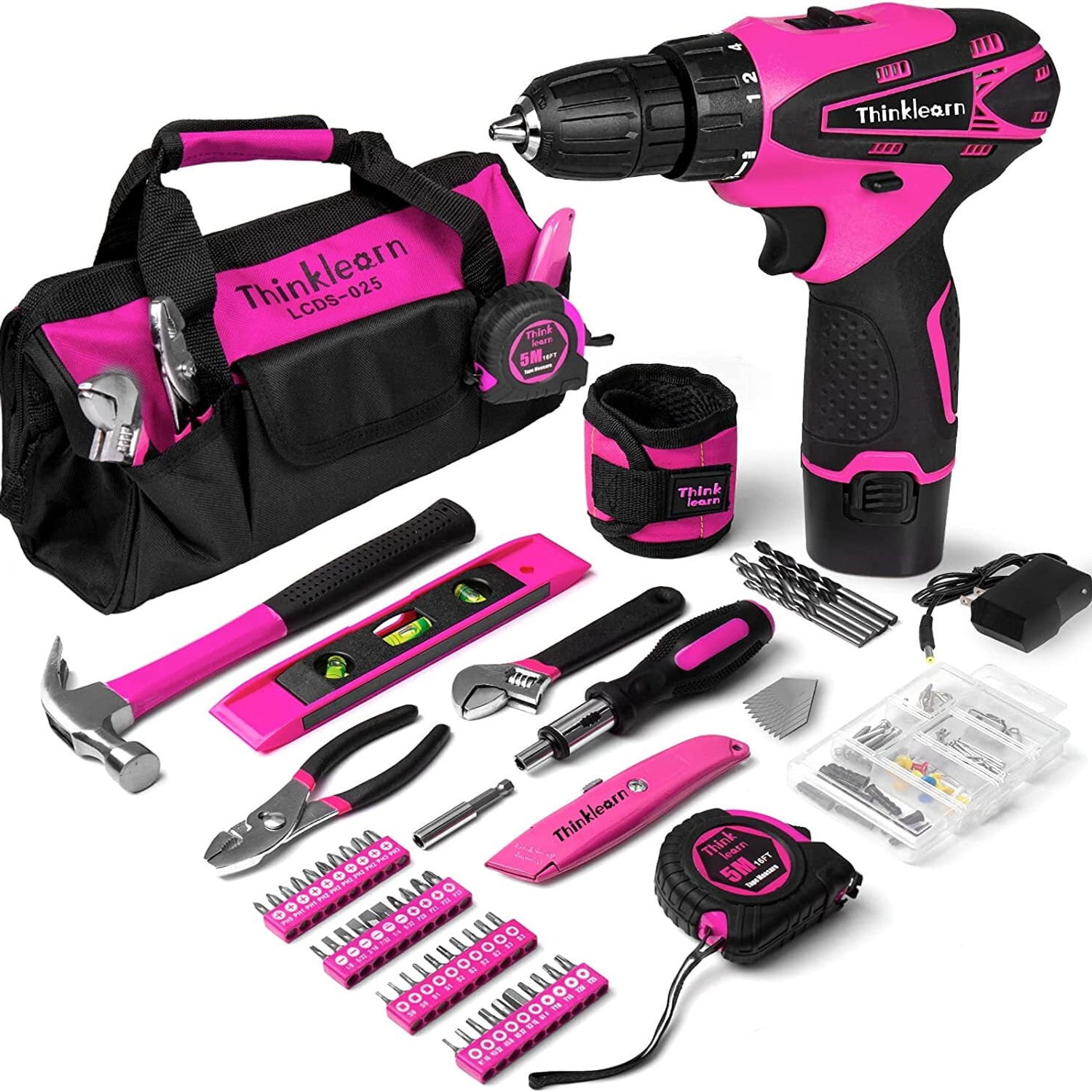ThinkLearn Pink Drill Set for Women, 137 Piece Hand and Power Tool Set with..