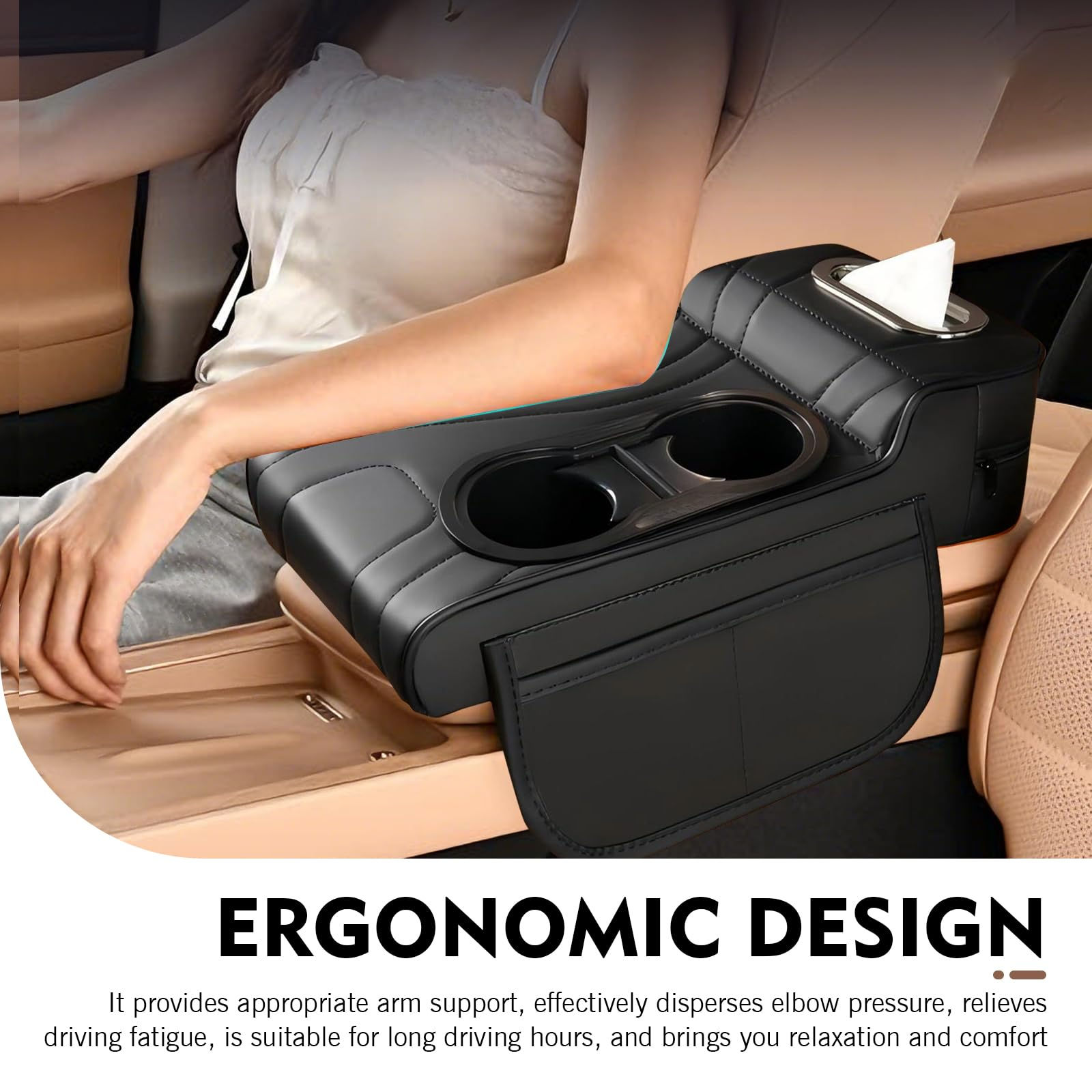 Car Center Console Armrest Cushion with Dual Cup Holders Tissue Box Side Pocket