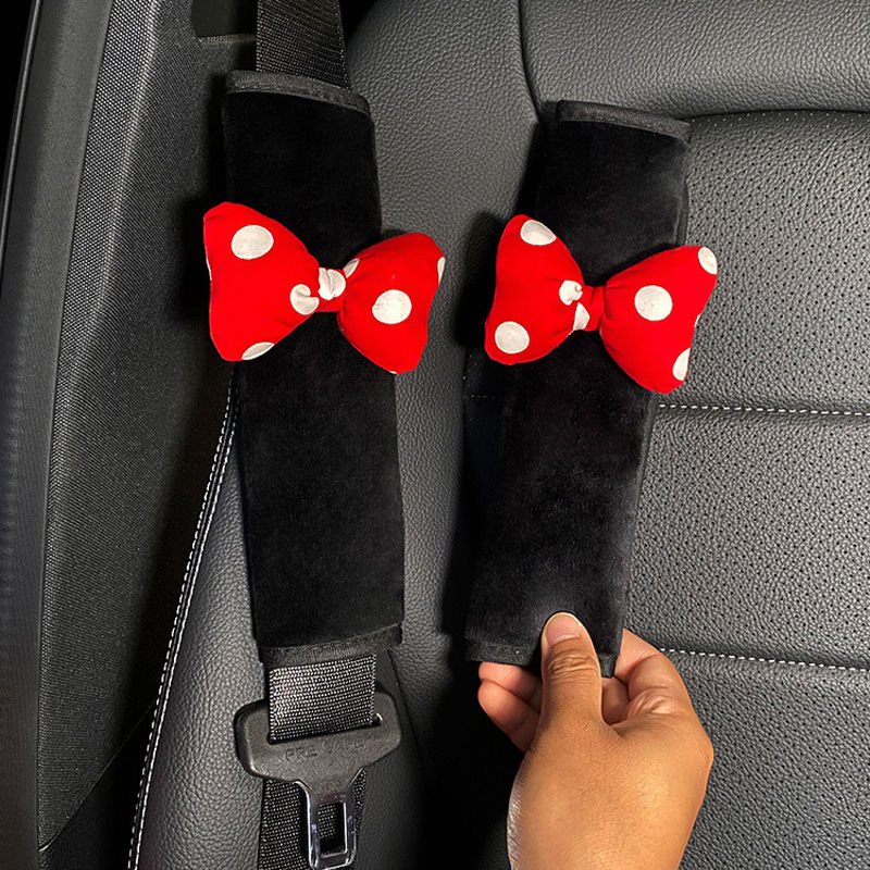 Thumbnail: Dots Print Bowknot Universal Car Safety Seat Belt Cover Soft Plush Shoulder Pad
