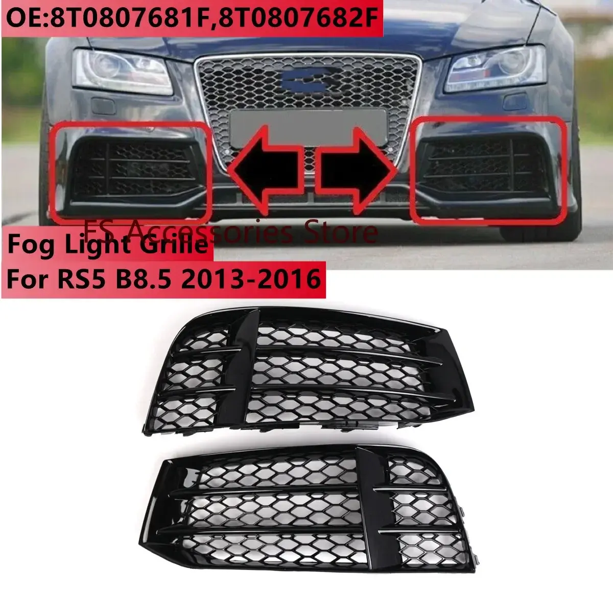 Glossy Black RS5 Car Front Fog Light Grilles Foglamp Honeycomb Grill Cover Trim