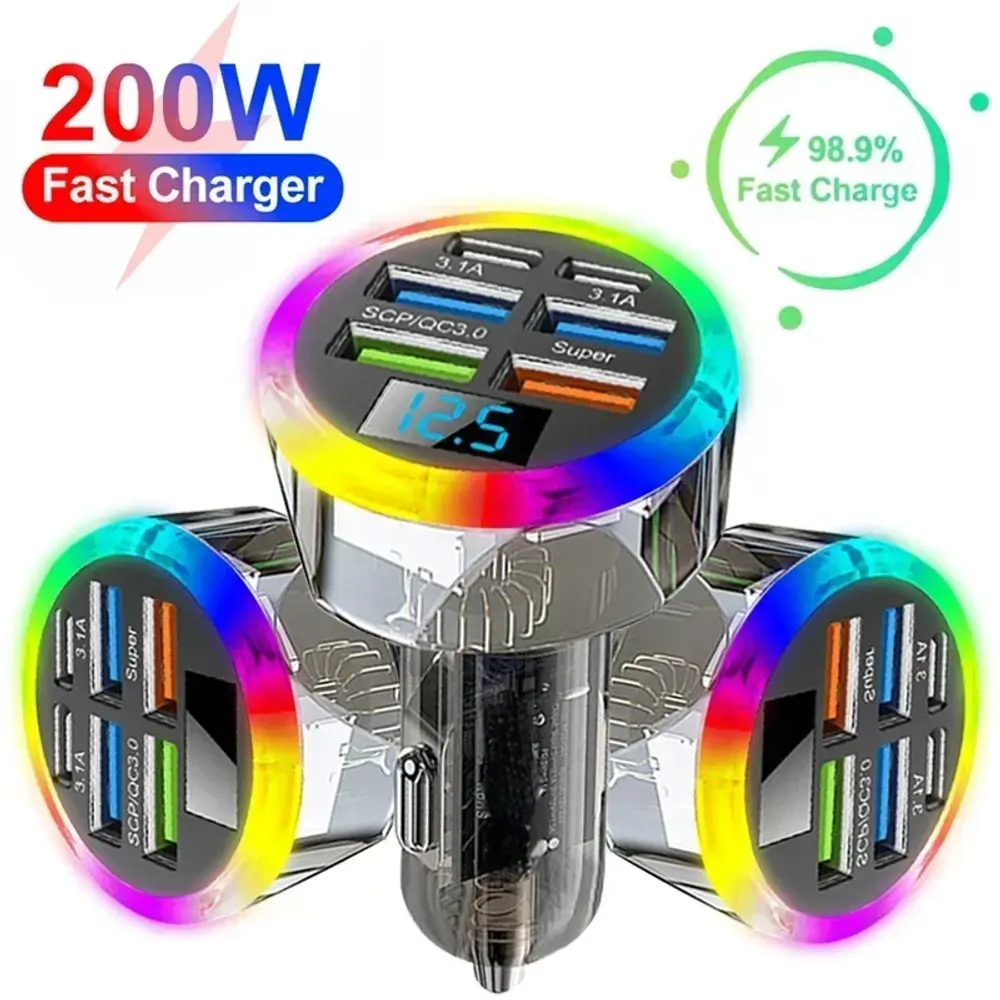 200W 6 Ports Car Charger Fast Charging PD QC3.0 USB C Car Phone Charger Type C A