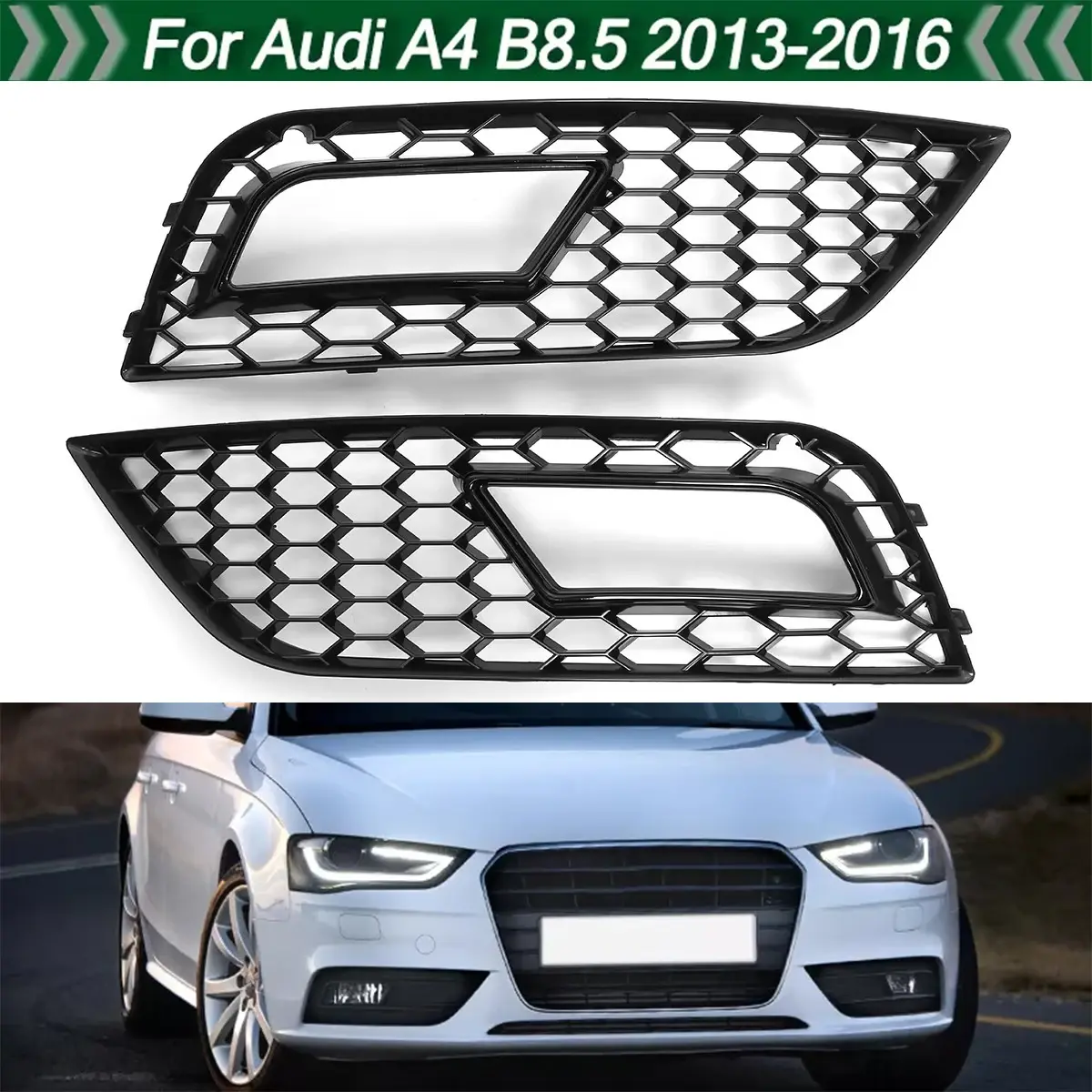 1Pair Car Front Bumper Fog Lamp Grille For Audi A4 B8.5 2013-2016 Honeycomb Mesh
