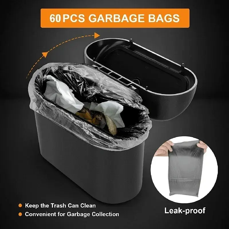 Thumbnail: The covered car trash can contains 3 black garbage bags. The small car trash can