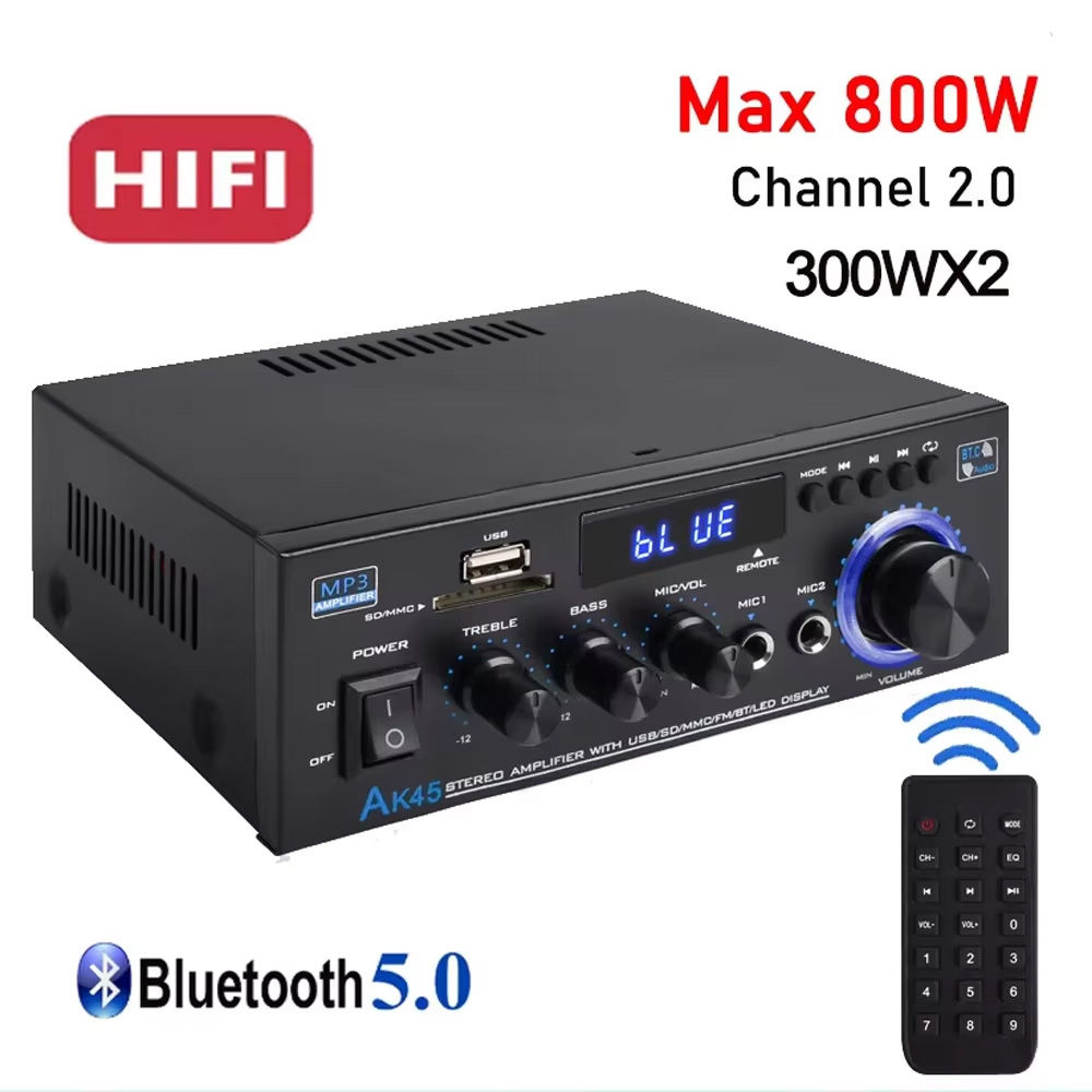 110V-240V AK45 Bluetooth Amplifiers HiFi Digital MP3 Channel 2.0 Sound AMP Suppo