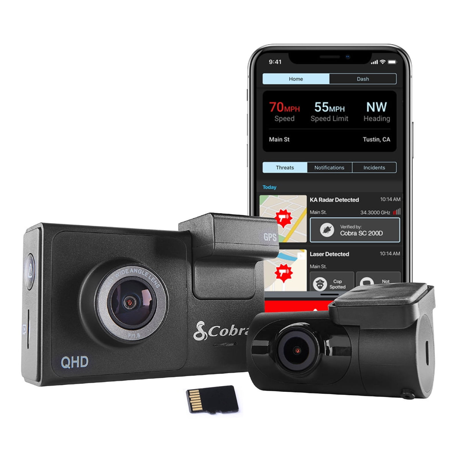 Cobra SC 200D 1600P Dash Cam + Rear Cam: 3" Screen, Live Alerts, Apple CarP..