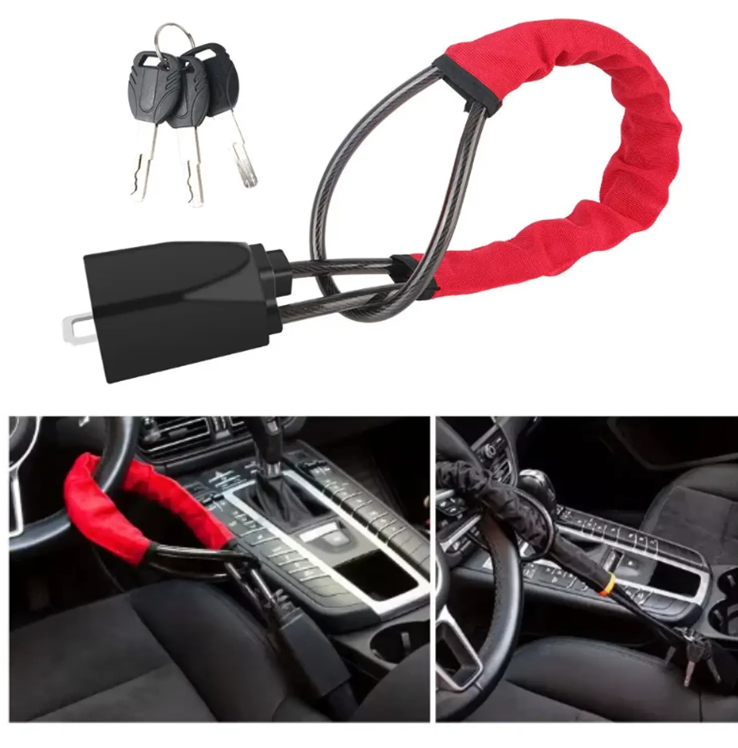 Car Steering Wheel Lock Anti-theft Steel Cable Security Device Universal Fit for