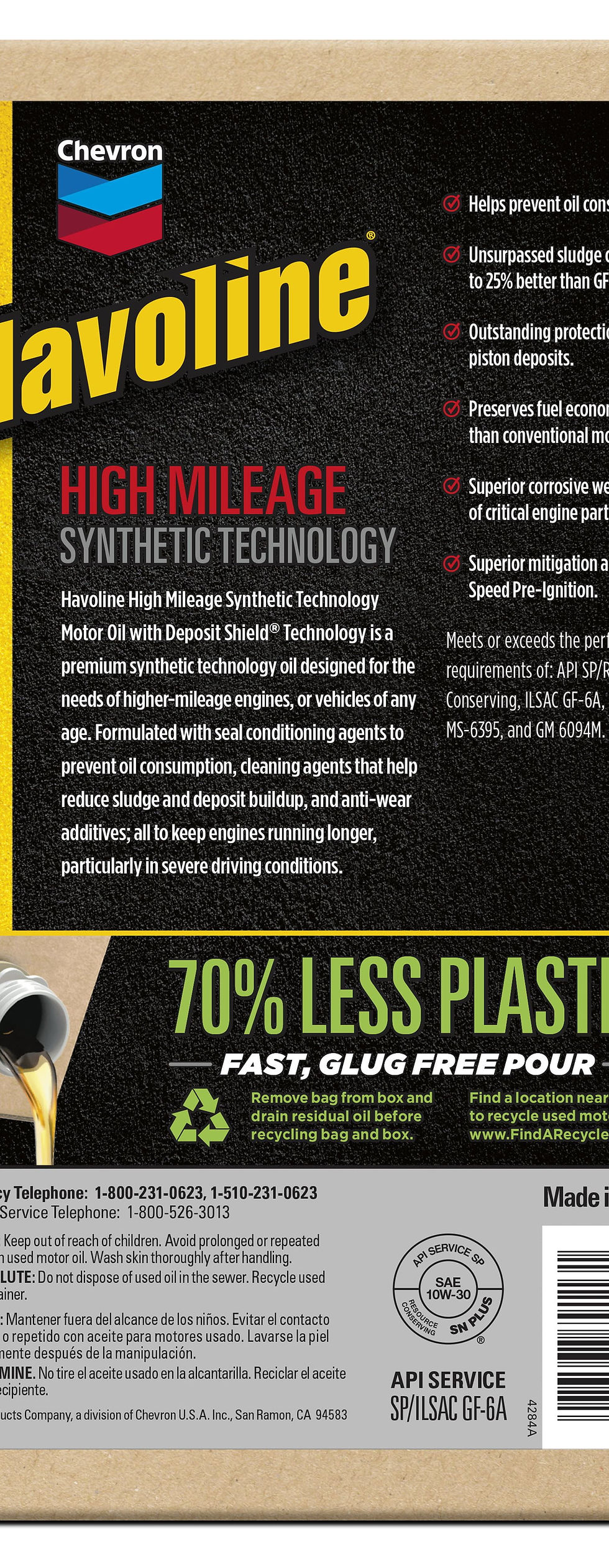 Thumbnail: Chevron Havoline High Mileage Synthetic Technology Motor Oil 10W-30, 6 Quar..