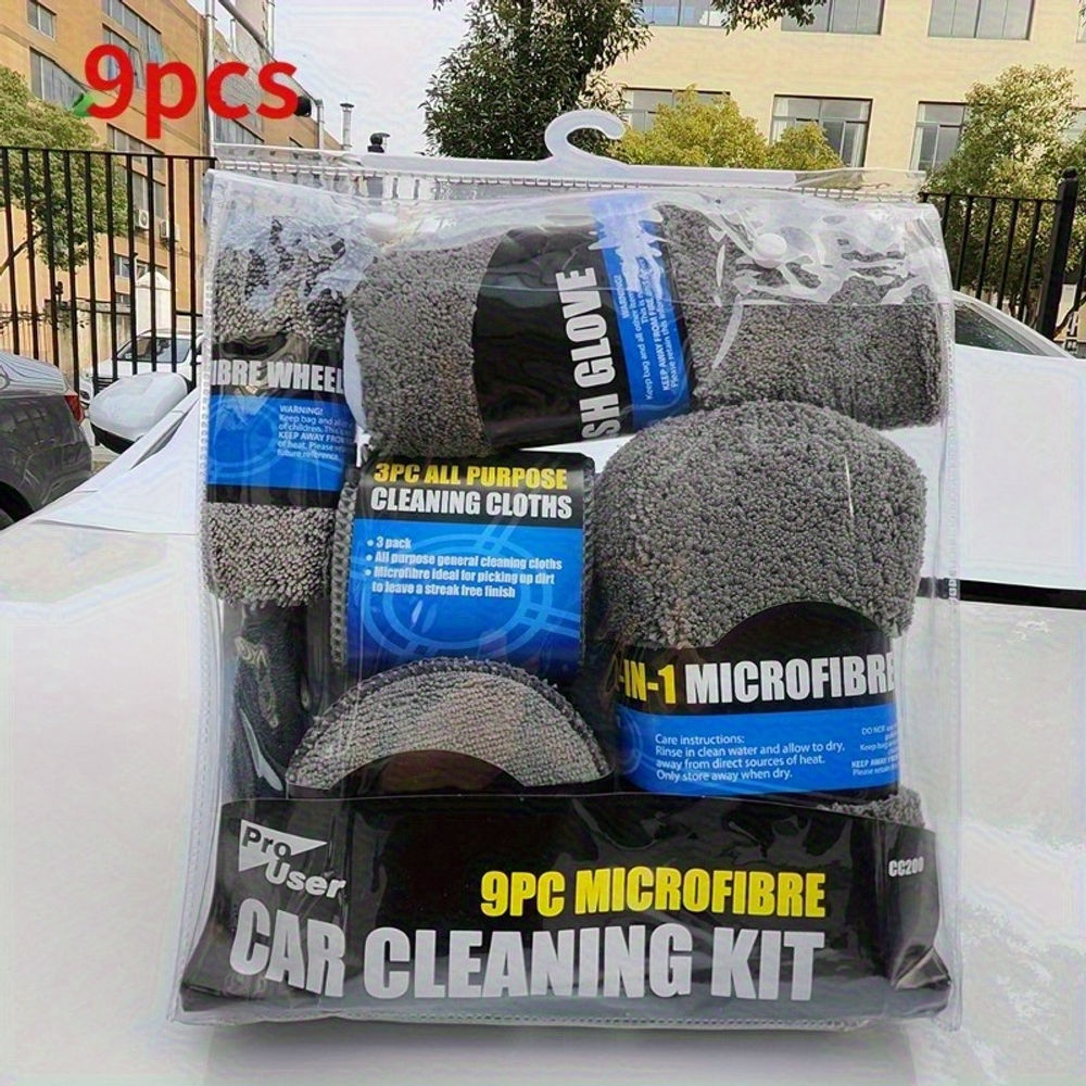 9pcs Ultimate car maintenance kit: premium microfiber towels, car wash gloves, d