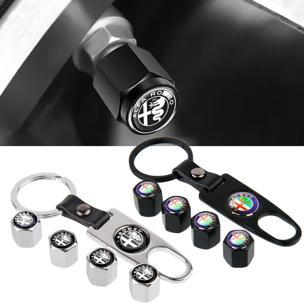 4PCS Car Wheel Tire Valve Caps with Keychain Decoration for Alfa Romeo 155 156 1