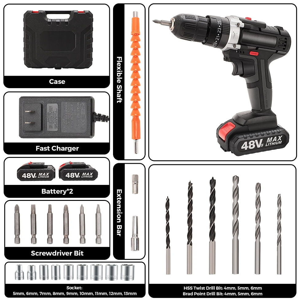 Thumbnail: 48V Cordless Drill,Electric Power Drill Set with 2 Batteries, 2 Variable Sp..