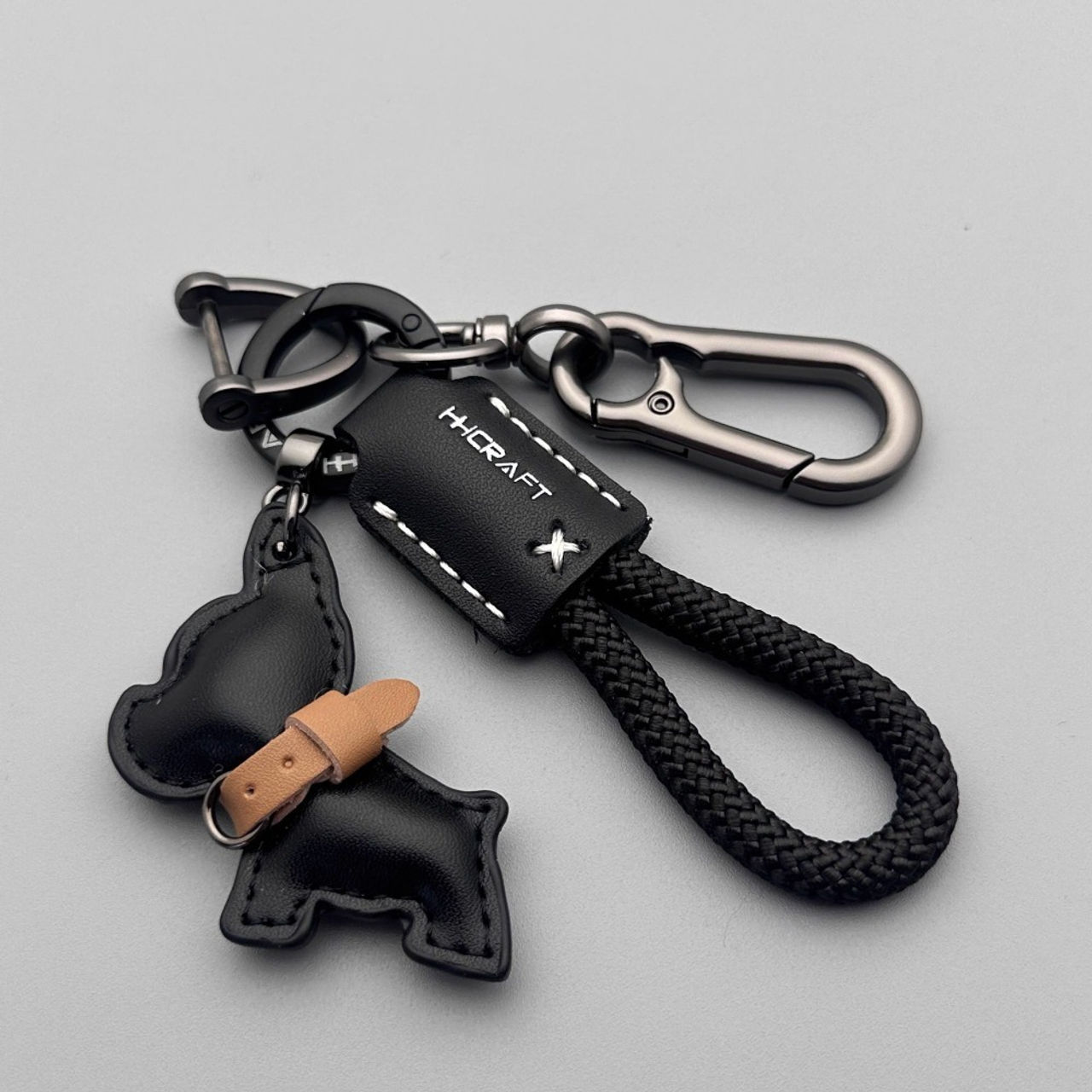 French Bulldog Keychain Handmade Genuine Leather, Braided Rope Key Chain with An