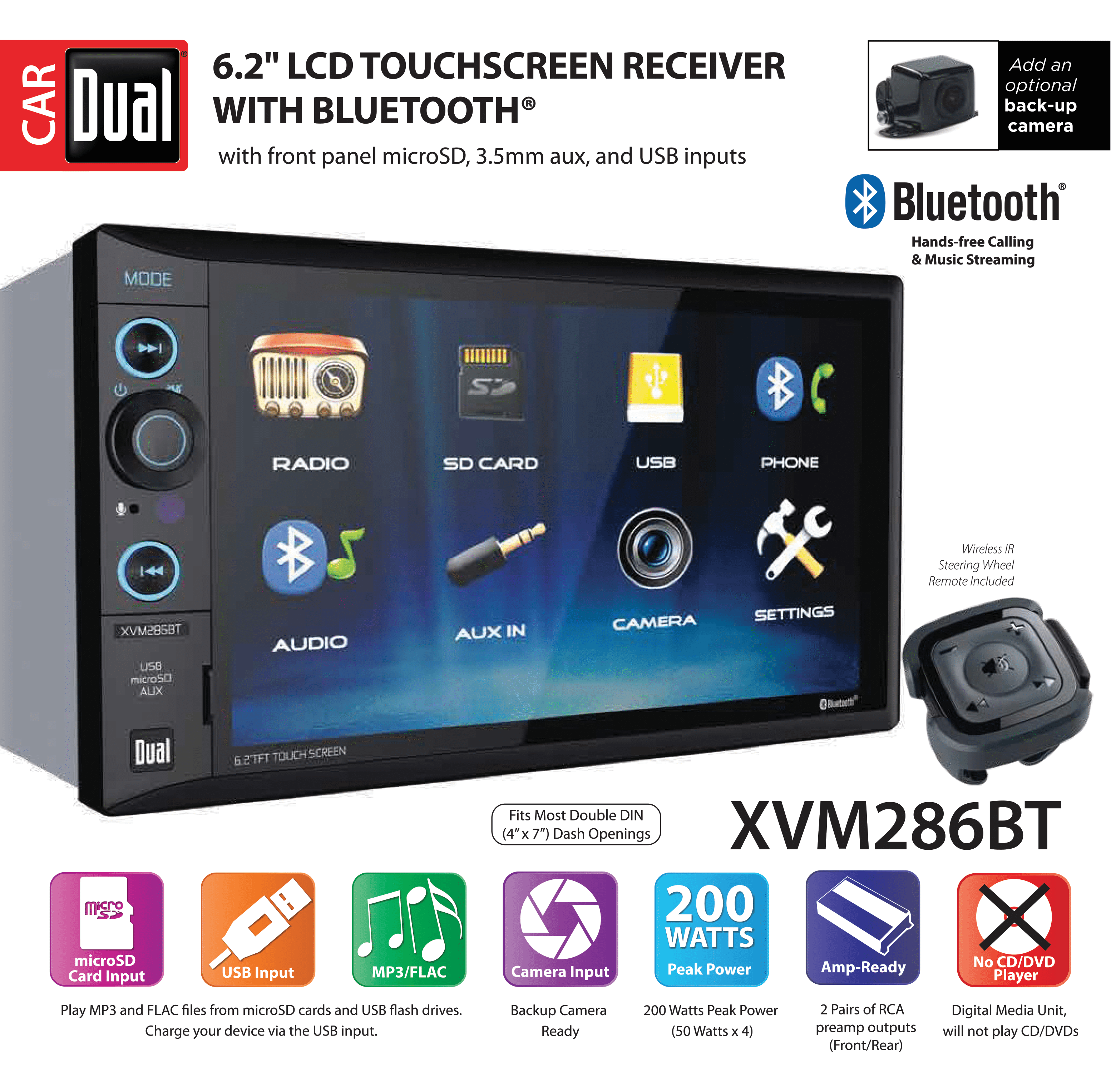 Dual Electronics XVM286BT 6.2 inch Double DIN Car Stereo, New