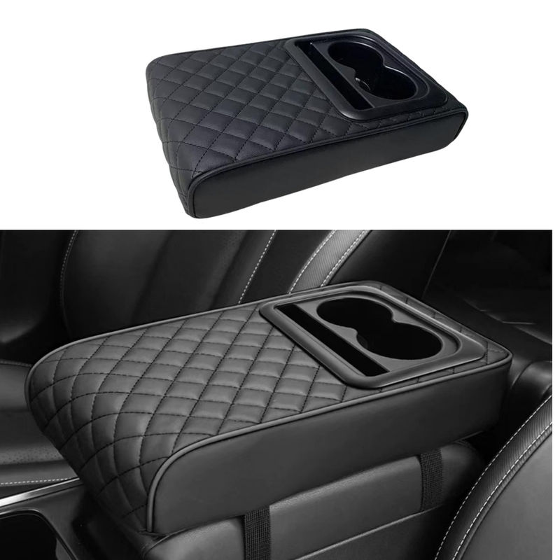 Car Armrest Console Extender with 2 Cup Holders Heightening Pad PU Leather Unive