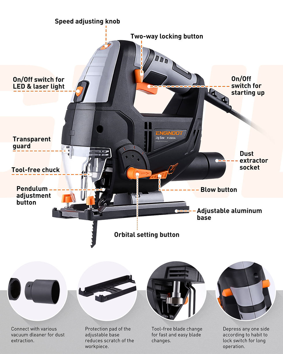 Thumbnail: ENGiNDOT 6.7 Amp 800W Jigsaw, 800-3000 SPM Jig Saw with 6 Variable Speed, L..