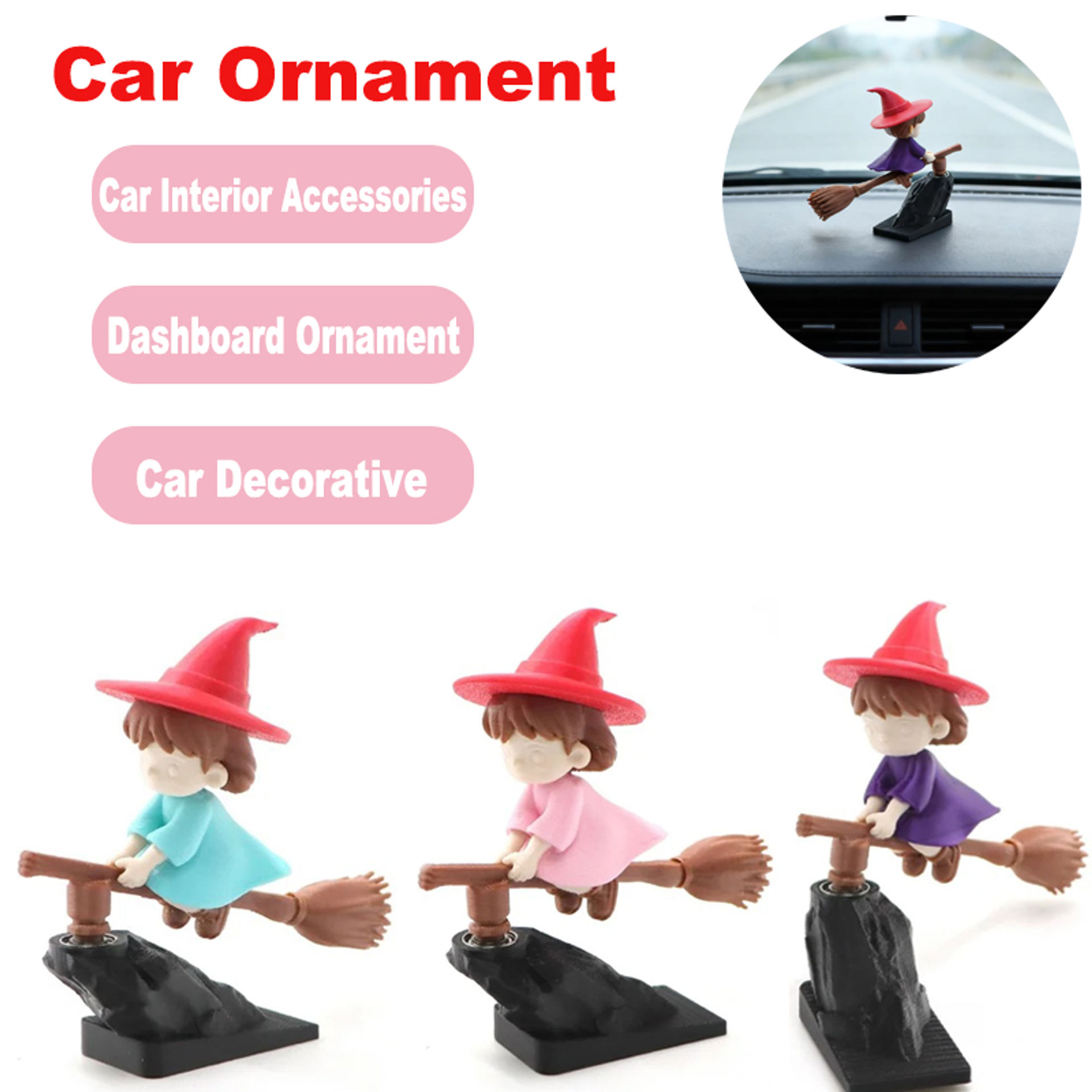 1pcs Car Dashboard Ornament Cute Flying Broomstick Desktop Ornament Auto Decorat
