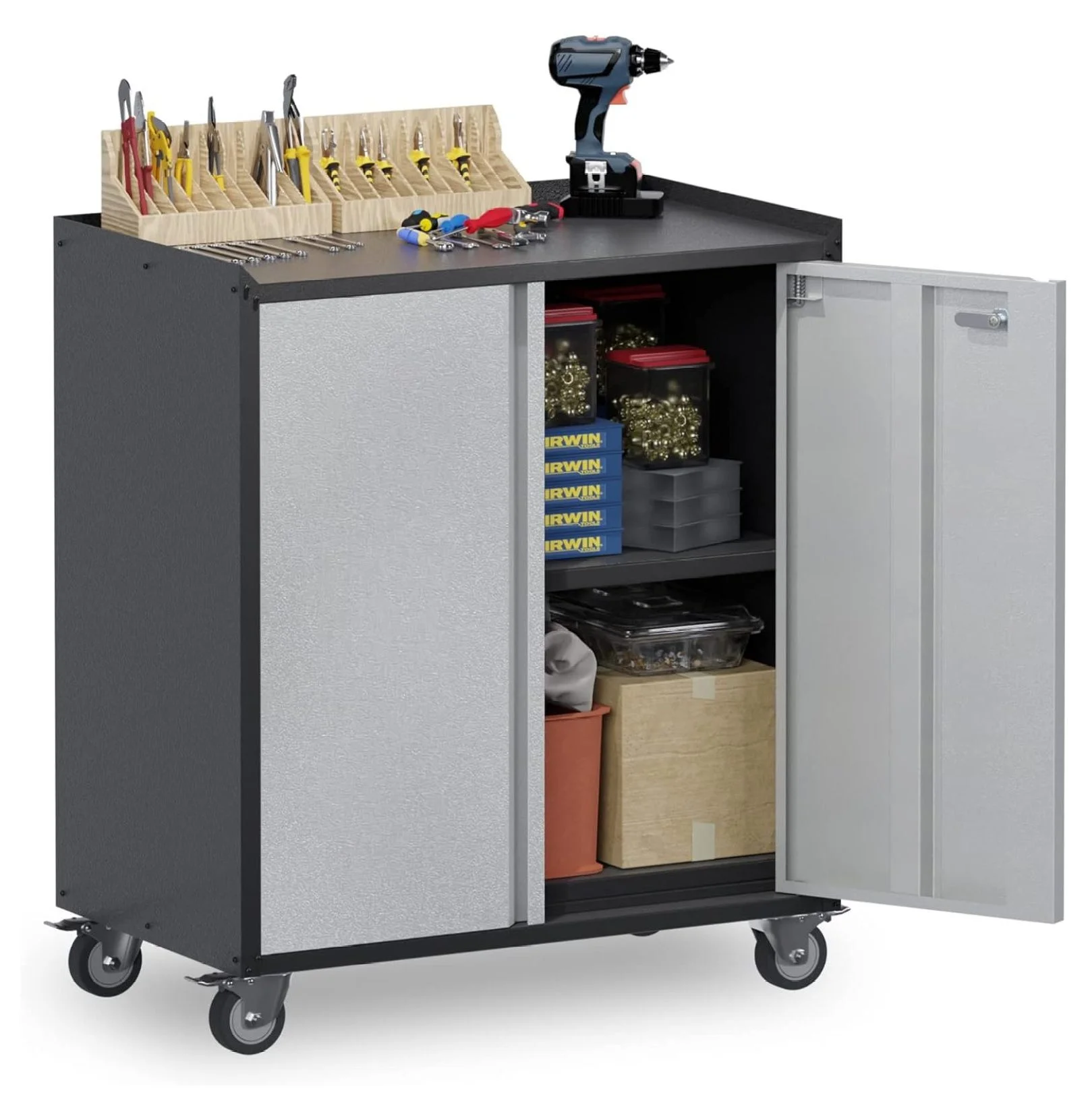 Metal Storage Cabinet with 2 Doors and 1 Adjustable Shelves,35.4" H Top Workbenc