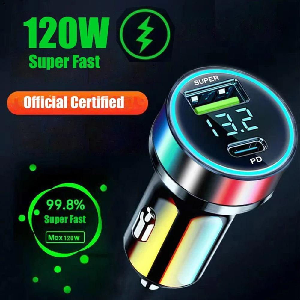 Quick Car Charger 12-24V Dual USB Type C 120W+PD20W For IPhone13 Pro Phone Car F