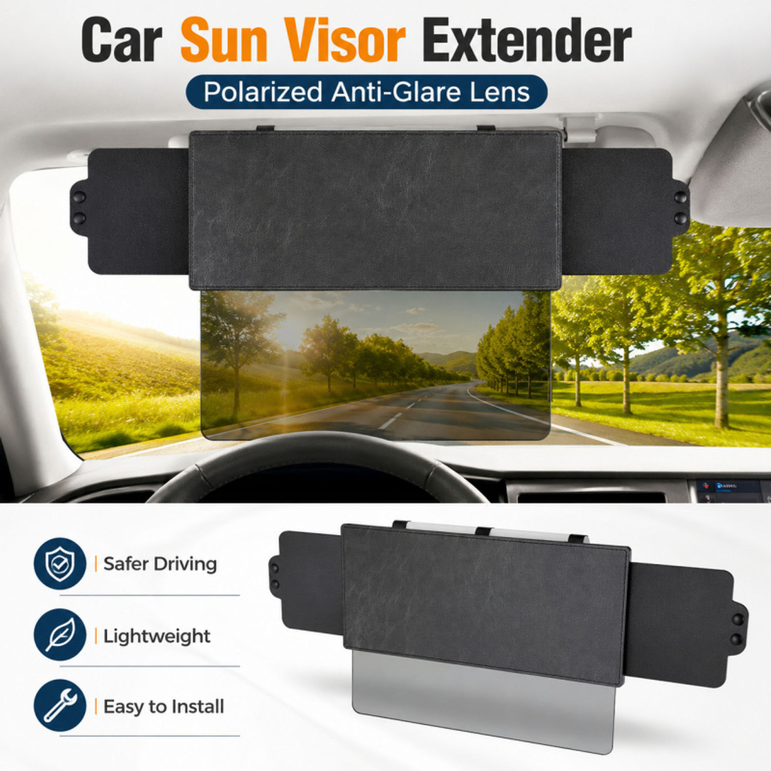 Car Sun Visor Extender with Polarized PC Lens, Anti-Glare Sunshade for Safe Driv