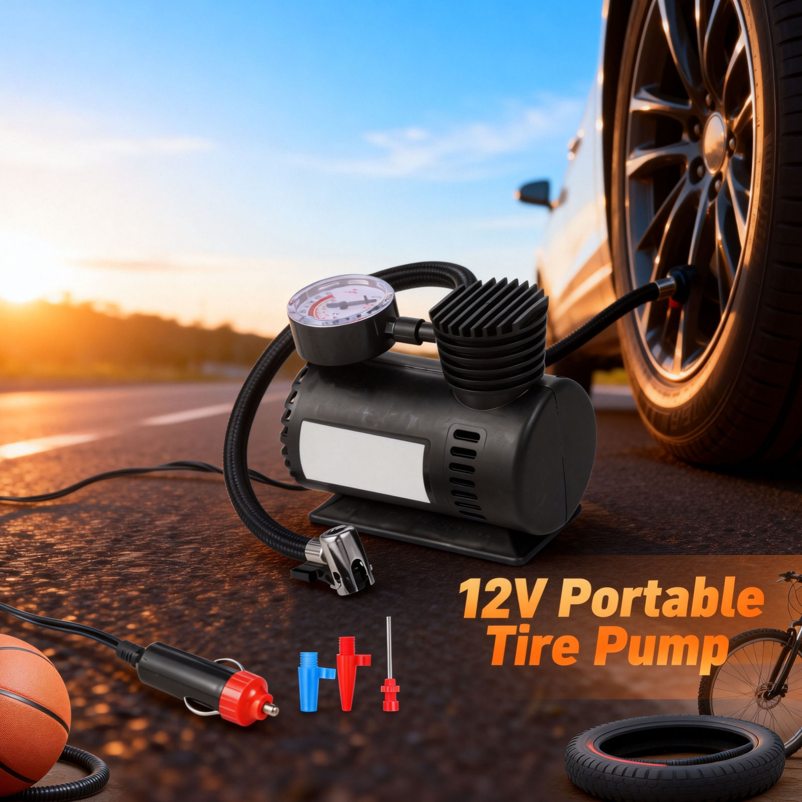 12V Portable Tire Pump with Digital Pressure Gauge Car Vehicle Tire Inflator Lig
