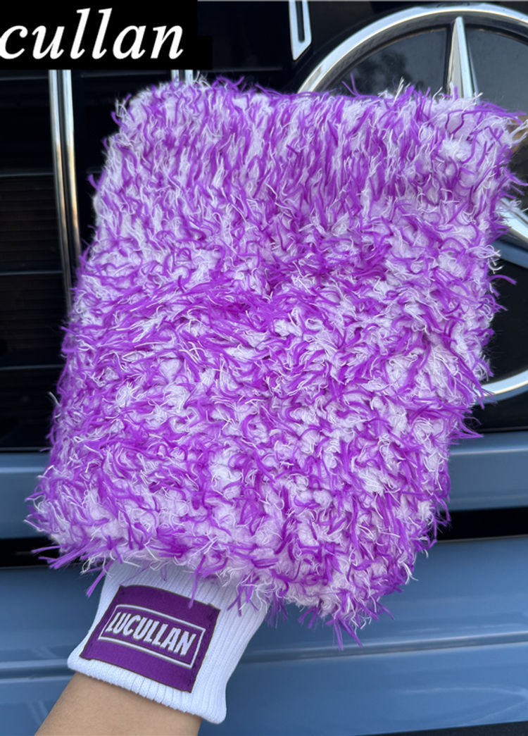 Lucullan Logo Premium Purple Microfiber Glove Super Absorbency Foam Stitch Inner