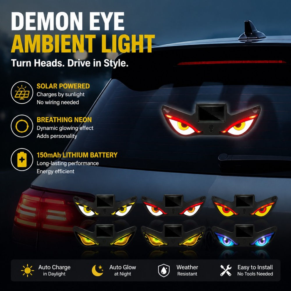 Solar Powered Car Demon Eye Ambient Light, Breathing Neon Decorative Lamp for Re
