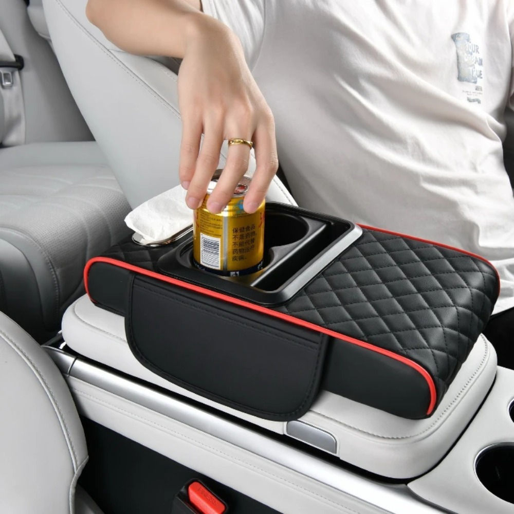 Auto Center Console Armrest Cushion With 2 Cup Holder PU Leather Armrest Pad Por