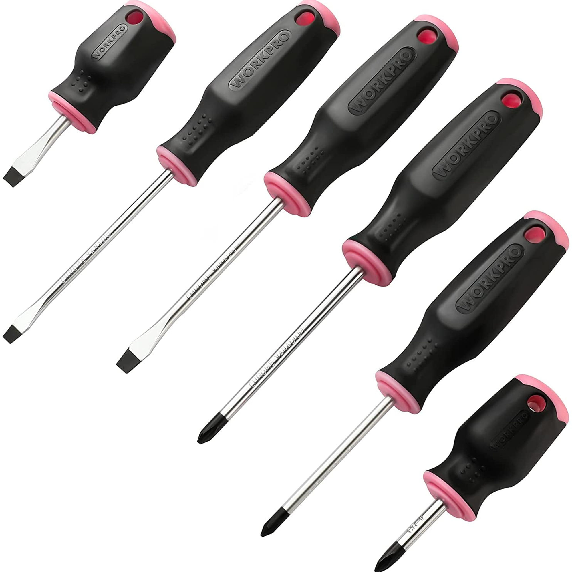 WORKPRO 6-Piece Pink Magnetic Screwdrivers Set, Includes 3 Slotted & 3 Phil..