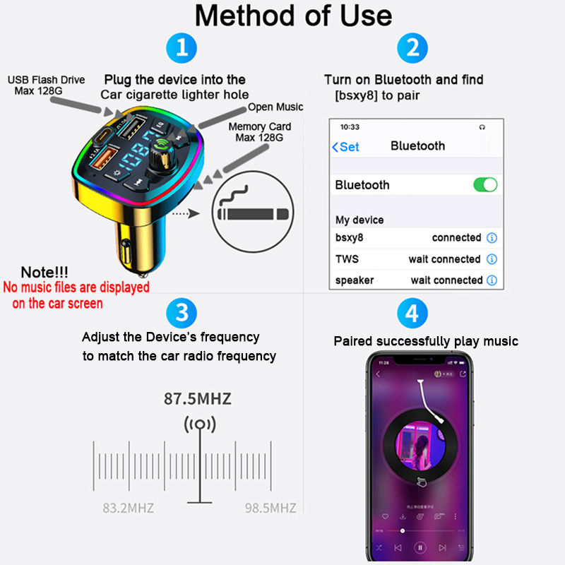 Thumbnail: Bluetooth 5.0 Car FM Transmitter PD Type-C Dual USB For MP3 Music TF Card U disk
