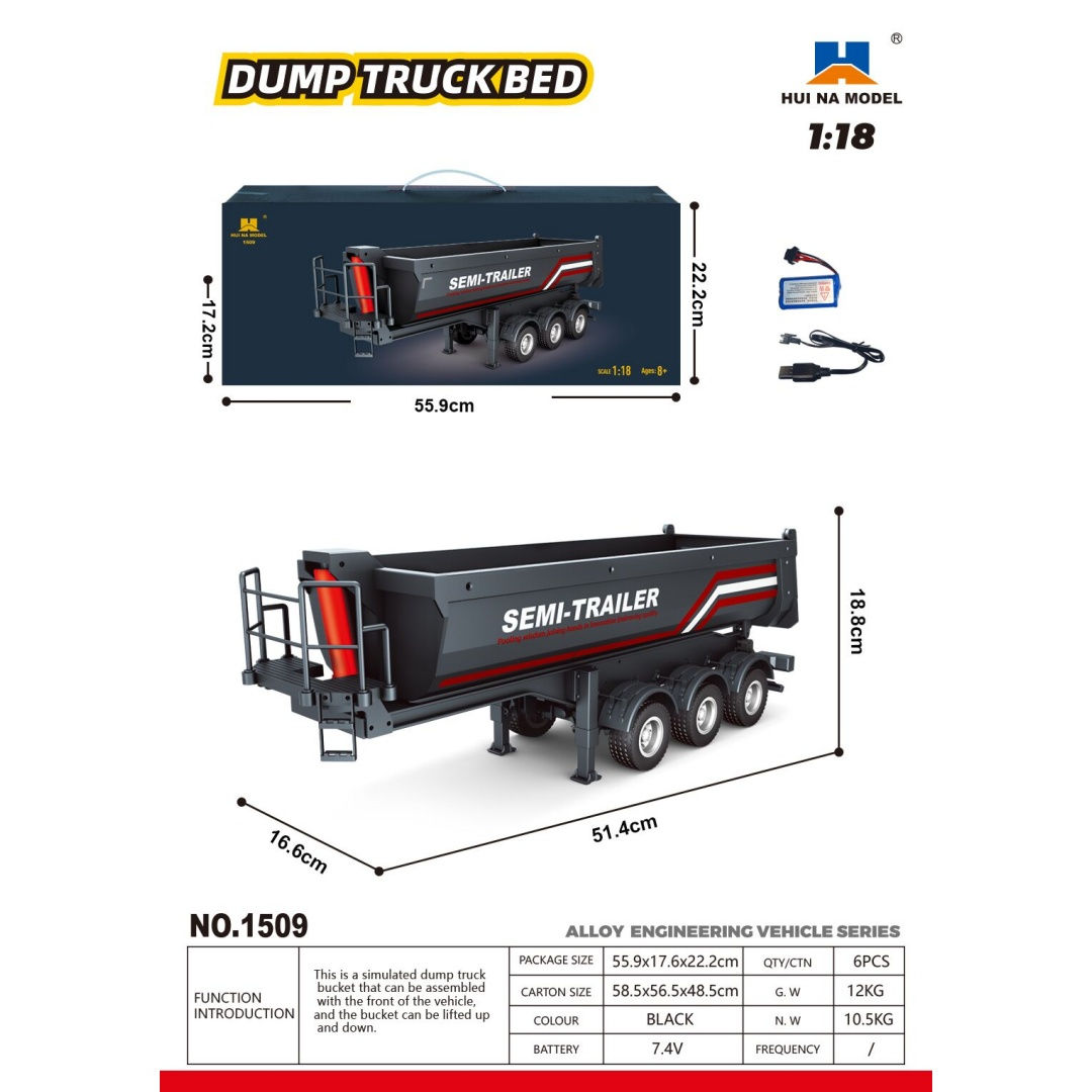 New 1/18 Huina 1509 RC Semi Dump trailer Electric Lifting for RC Tractor Truck 1