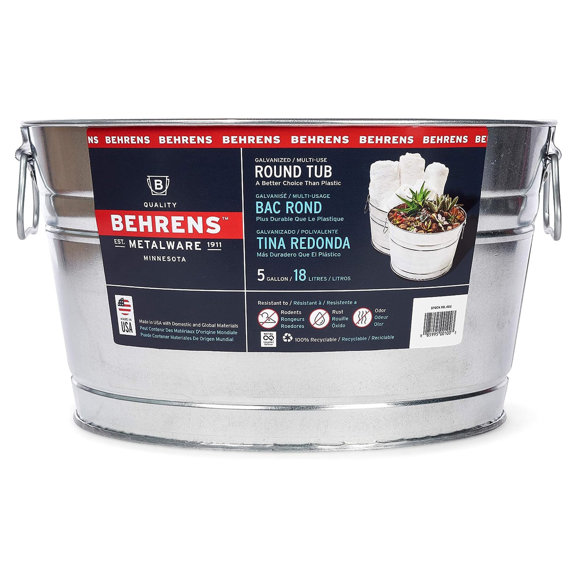 Behrens 5 Gallon Round Galvanized Weatherproof Steel Tub with Handles