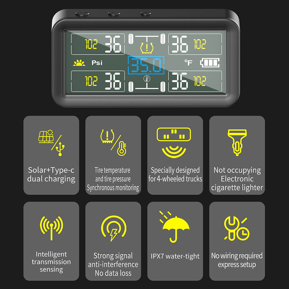 Thumbnail: Tire Pressure Monitor with 4 External Sensors LCD Display Solar and Type-C Charg