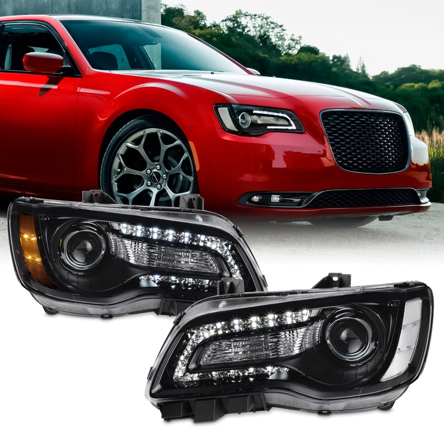 AKKON - Fit 2015-2023 Chrysler 300 Halogen Type Projector Headlight Black B..