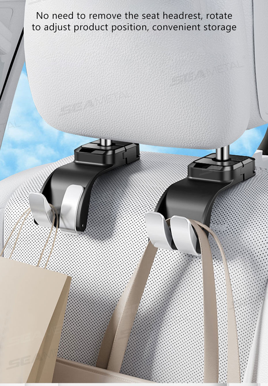 Thumbnail: SEAMETAL Car Headrest Hook ABS Auto Rear Seat Hanging Dual Hook 20Kg Large Load-