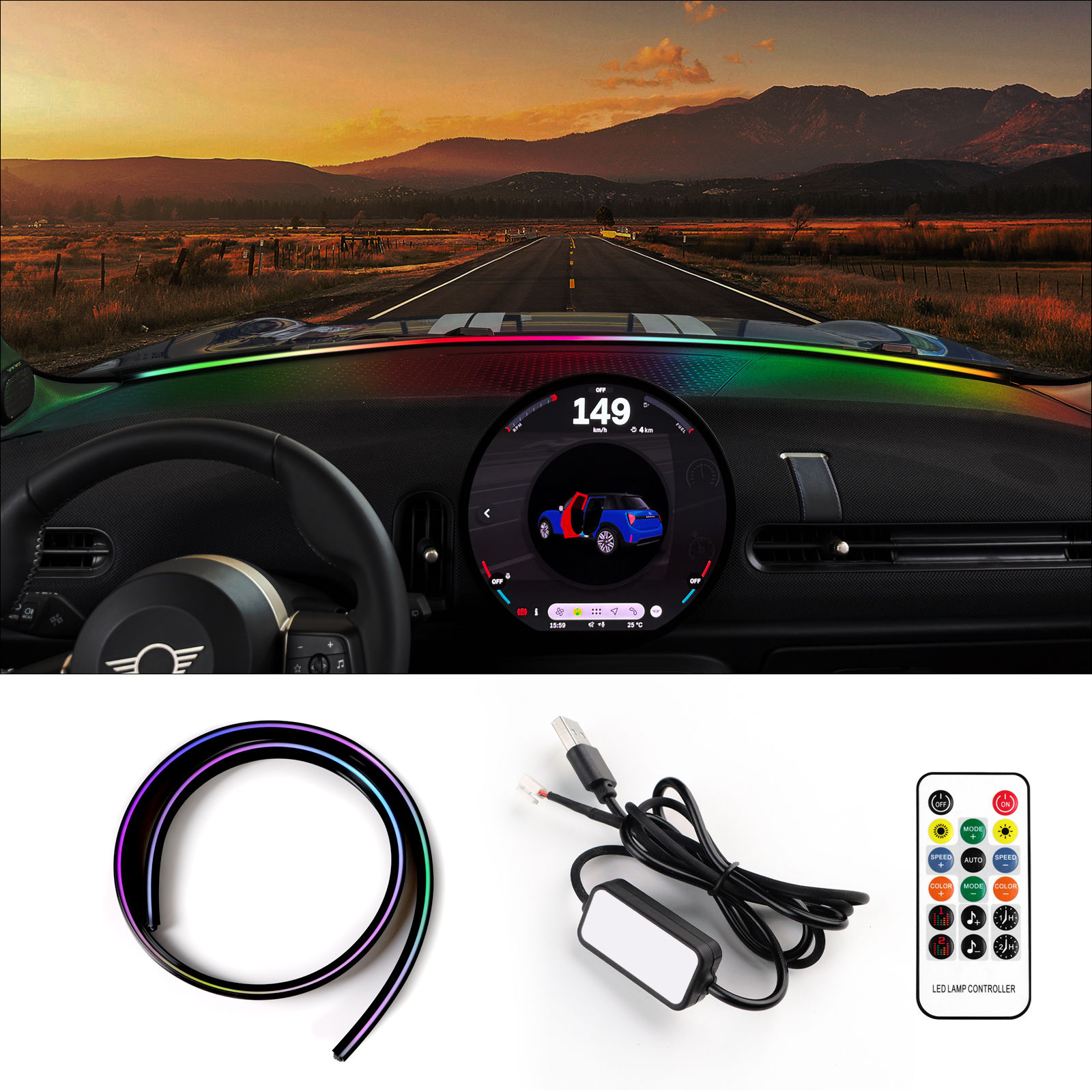 For Mini F65 2024-26 Windshield Base Ambient Light USB LED Atmosphere Lamp Color