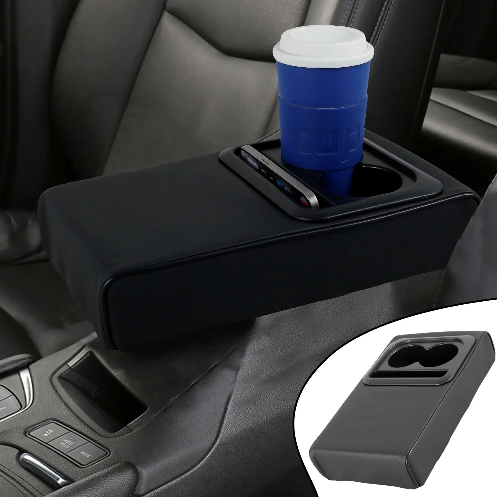 Car Center Console Armrest Cushion Leather Armrest Pillow with Cup Holder&Phone