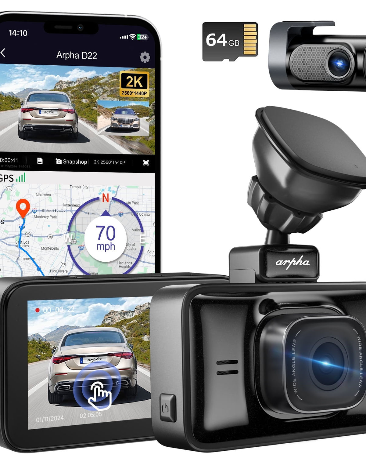 ARPHA Dash Cam Front and Rear, 3'' Touch Screen Driving Recorder, Free 64GB..
