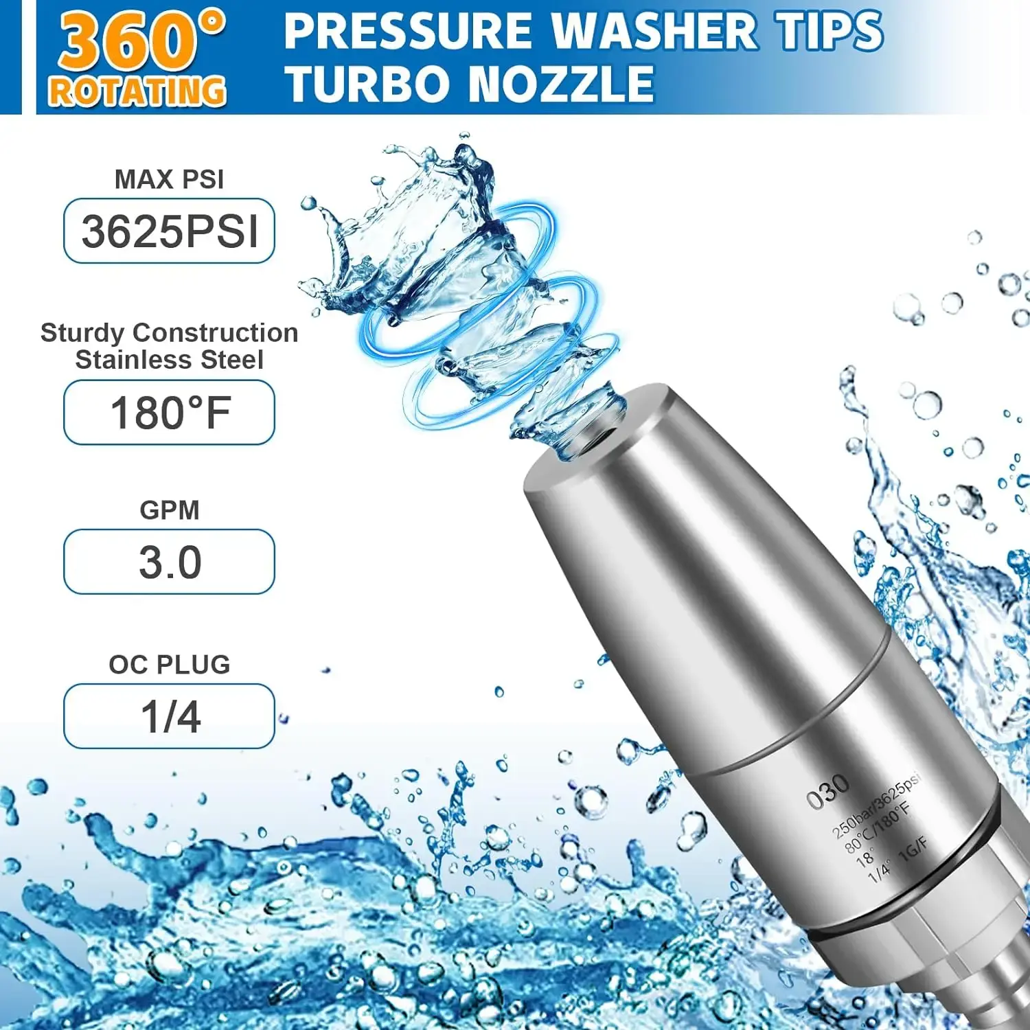 With 1/4 Quick Connect Stainless Steel 3625 PSI Turbo Nozzle for Pressure Washer