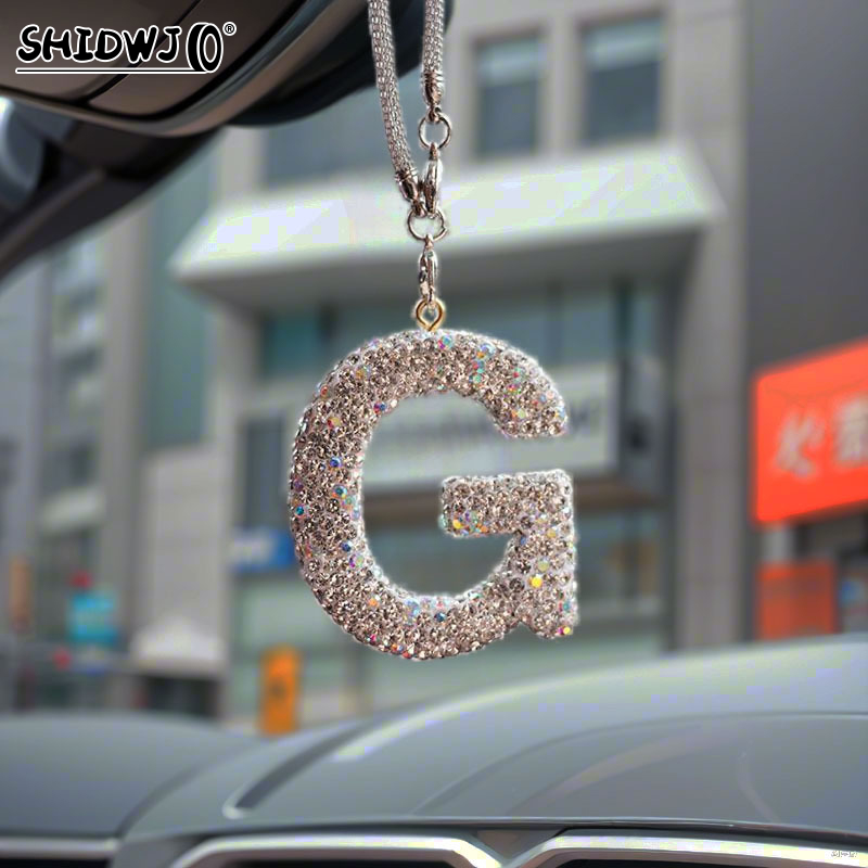 Thumbnail: 1PC Rhinestone Letter Car Rearview Mirror Pendant Crystal Car Decoration Bling A