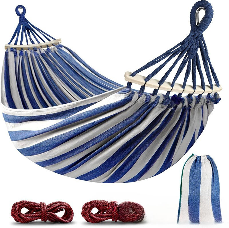 Canvas Hammock Anti-Roll Double Camping with Curved Wooden Poles Outdoor Swing B