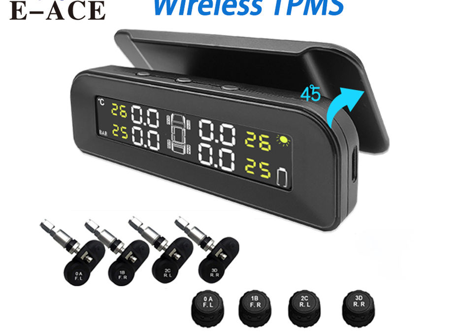Intelligent Wireless TPMS4 Sensor Buzzer Prompt Waterproof Solar USB Rechargeabl